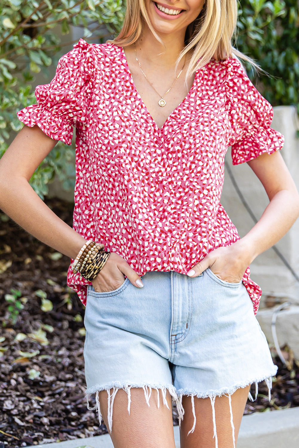 Pink Abstract Print Casual V Neck Ruffle Sleeve Blouse