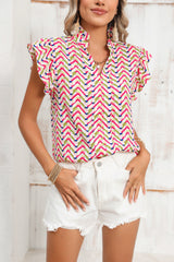 Multicolor Chevron Print Frill V Neck Ruffle Blouse