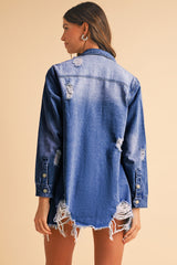 Sky Blue Light Wash Distressed Frayed Long Denim Jacket