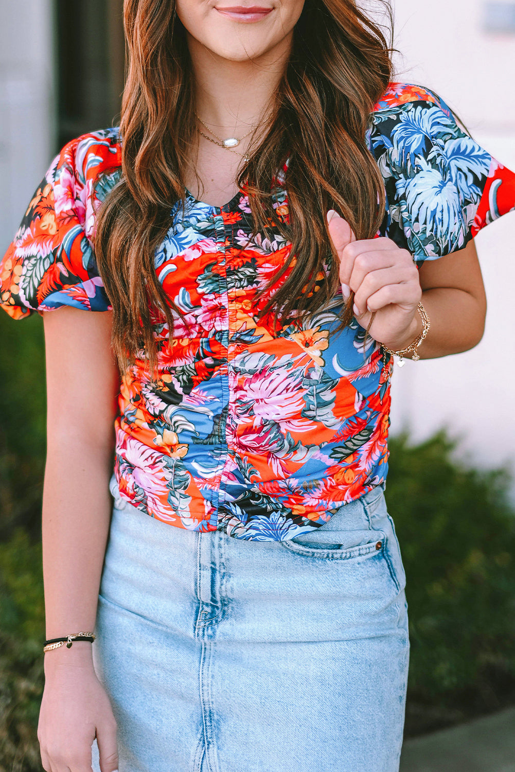 Orange Floral Print Ruched Puff Sleeve V Neck Blouse