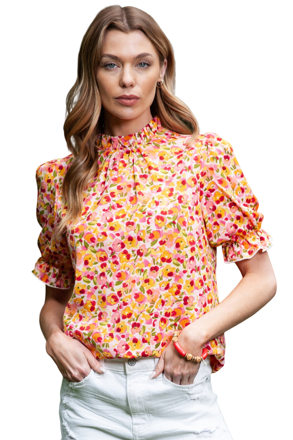 Orange Floral Boho Frill Mock Neck Blouse