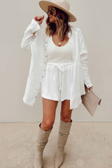 White Waffle Knit Lace-up High Waist Wide Leg Shorts