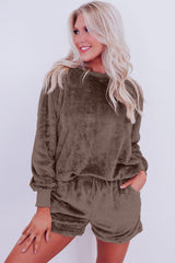 Coffee Solid Loose Fit High Waist Fleece Loungewear Set