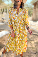 Yellow Boho Floral Collared Long Sleeve Dress