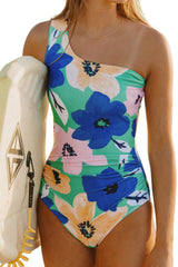 Green Floral Print Ruched Cut Out One Shoulder One Piece Swimsuit