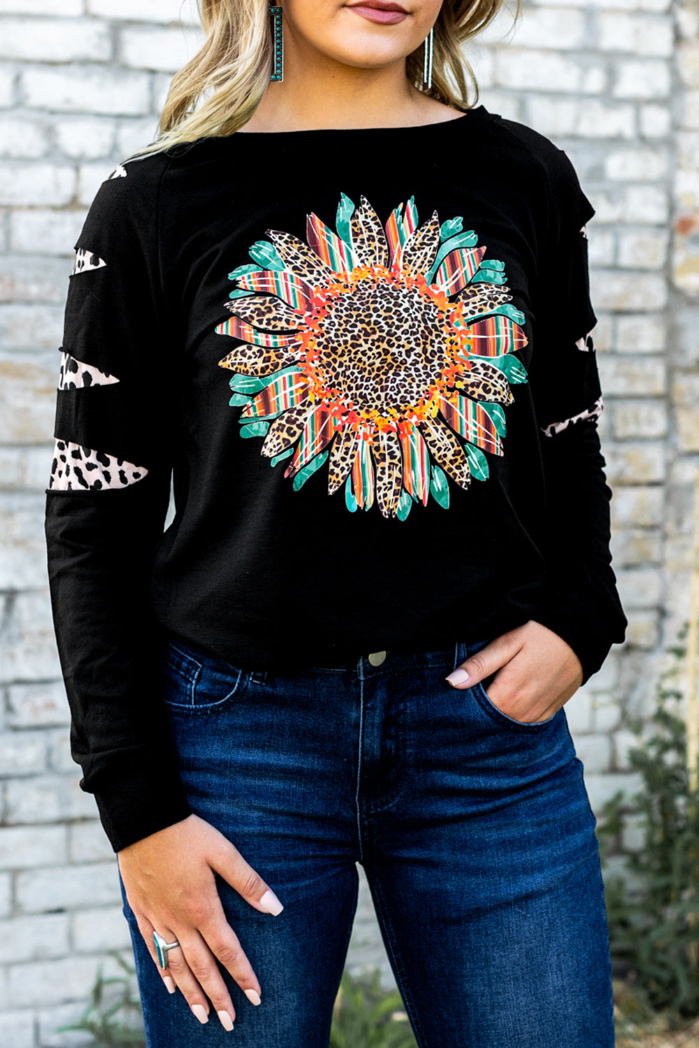 Ripped Sleeve Serape Leopard Sunflower Graphic Sweatshirt