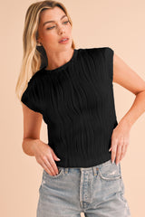 Black Solid Color Wavy Textured Cap Sleeve Top