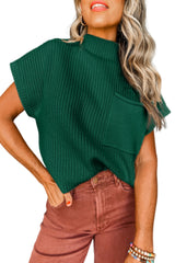 Wholesale Green Patch Pocket Ribbed Knit Short Sleeve Sweater