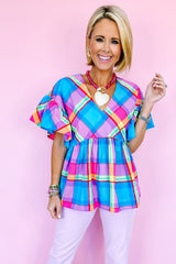 Sky Blue Colorful Plaid V Neck Ruffled Babydoll Blouse