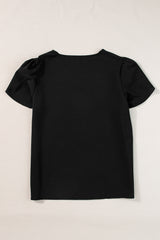 Black Scallop Trim V Neck Petal Sleeve Blouse