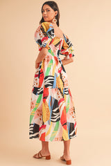 White Square Neck Smocked Abstract Print Boho Maxi Dress