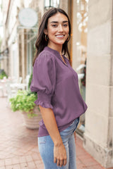 Purple Solid Color Half Sleeve Shirred V Neck Blouse