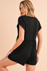 Black V Neck Buttons Loose Cuffed Short Sleeve Romper