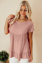 Pink Solid Color Crinkled Short Sleeve Ruffle Hem Blouse