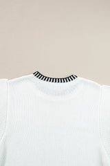 White Contrast Trim Round Neck Batwing Sleeve Knitted T Shirt