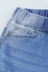 Light Blue Drawstring Elastic Waist Jeans With Hole