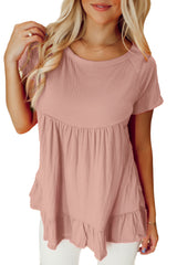 Pink Solid Color Crinkled Short Sleeve Ruffle Hem Blouse