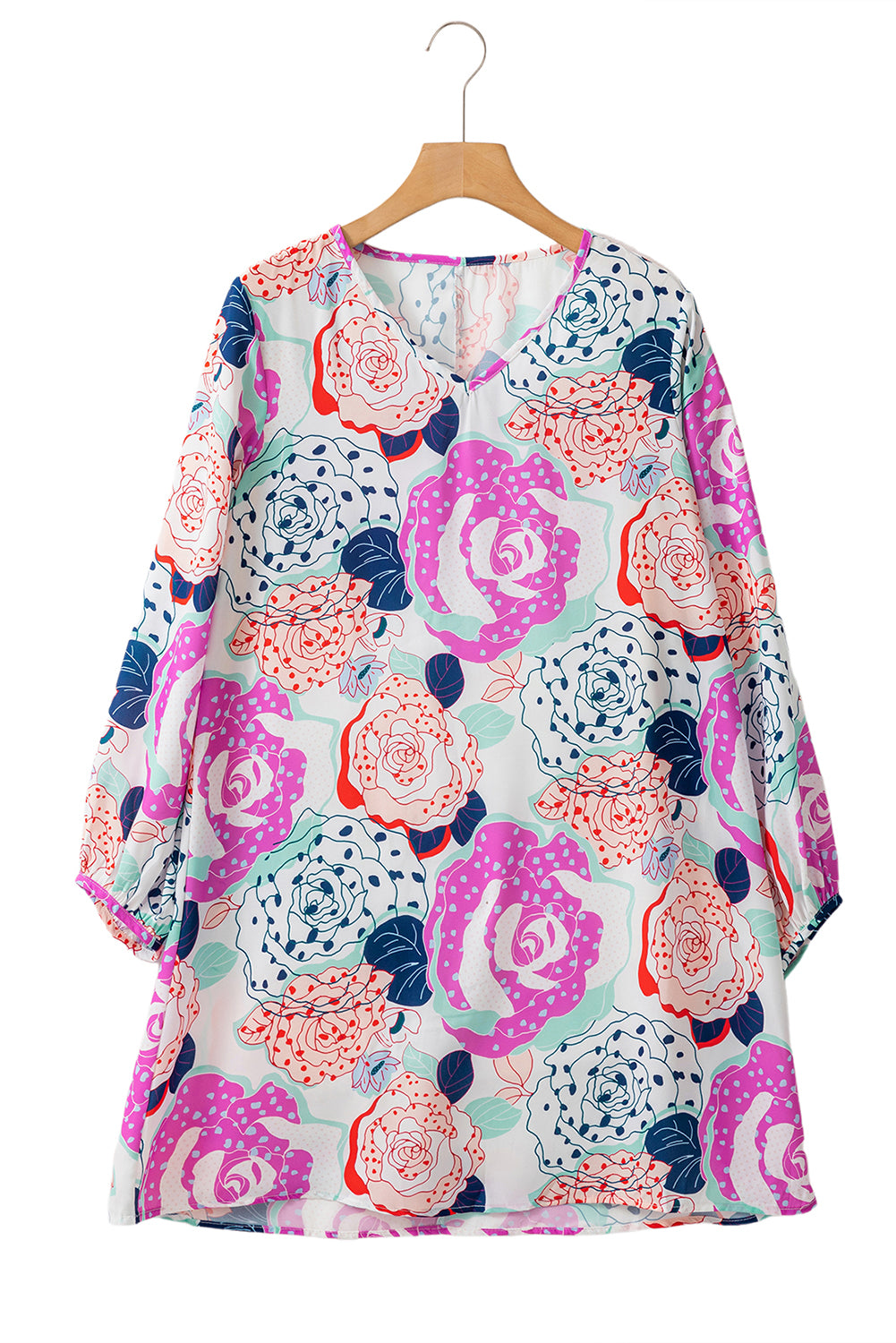 Multicolor Floral Print V Neck Bohemian Tunic Dress