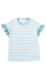 Green Striped Ruffle Cuffs Round Neck T-Shirt