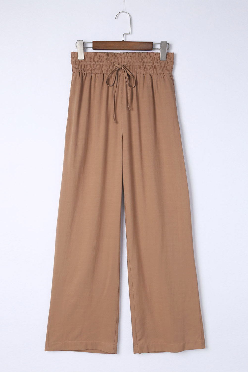 Brown Casual Drawstring Shirred Elastic Waist Wide Leg Pants