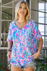 Pastel Blue Abstract Floral Print Short Sleeve V Neck T Shirt