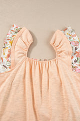 Apricot Pink Floral Print Square Neck Ruffle Sleeve Blouse