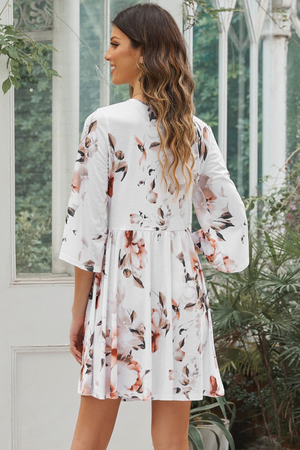 White Floral Print V Neck Flutter Half Sleeve Empire Waist Dress