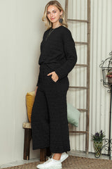 Black Solid Color Quilted Long Sleeve Top and Wide Leg Pants Set