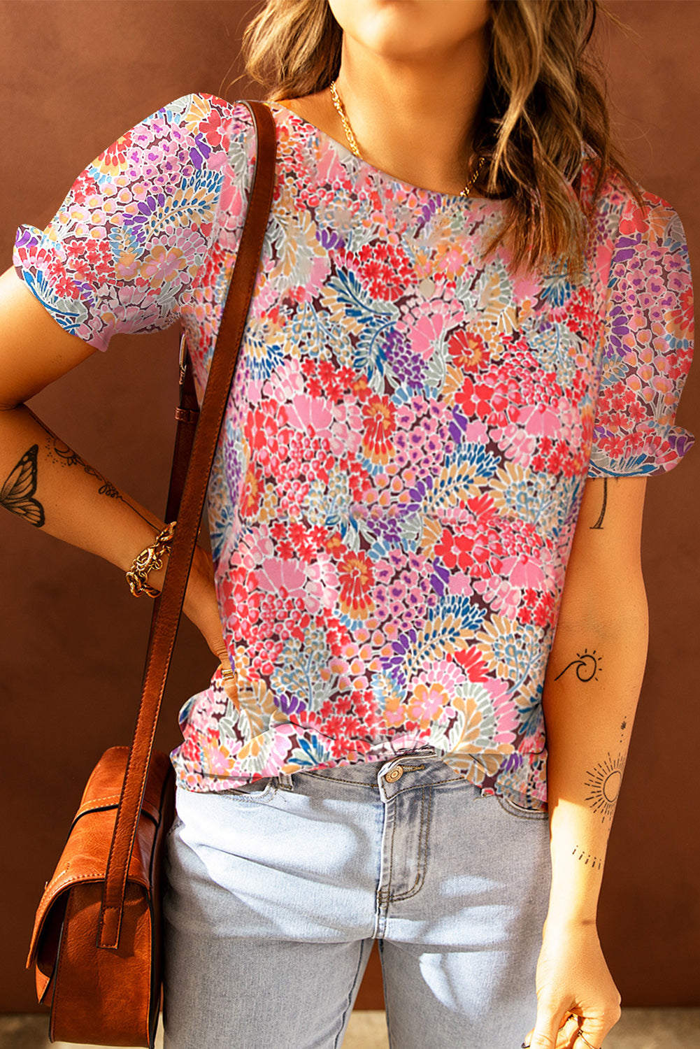 Multicolor Floral Boho Ruffle Bubble Sleeve Blouse