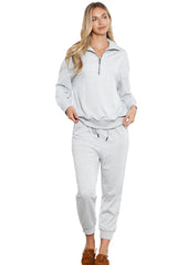 Gray Solid Color Half Zipped Top and Drawstring Pants Loungewear Set