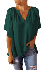 Green Casual Split Neck Pleated Loose Blouse