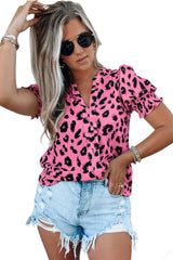 Pink Leopard Print V Neck Smocked Puff Sleeve Blouse