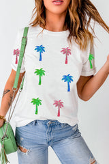 White Sequin Coconut Tree Graphic T Shirt