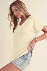 Apricot Solid Color Crinkled V Neck T Shirt