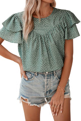 Laurel Green Spotted Print Pleated Ruffle Sleeve Blouse