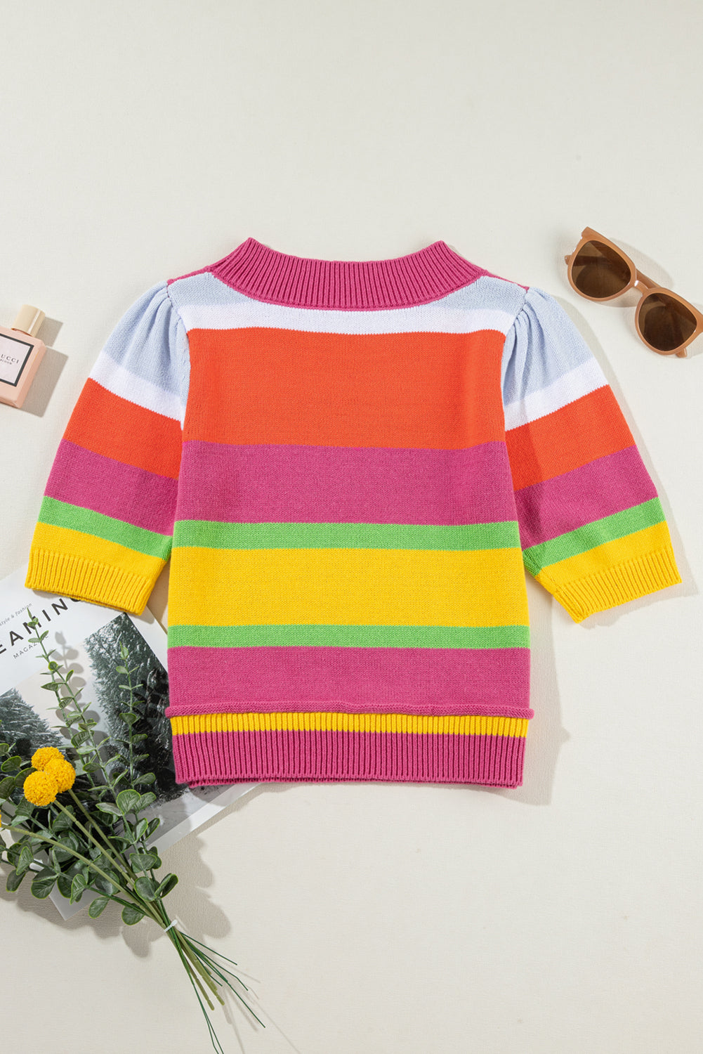 Multicolour Color Block Cropped Short Sleeve Knit Top