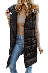 Black Hooded Pocketed Quilted Long Vest Coat