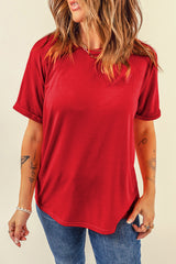 Red Solid Color Basic Crew Neck Plain Tee