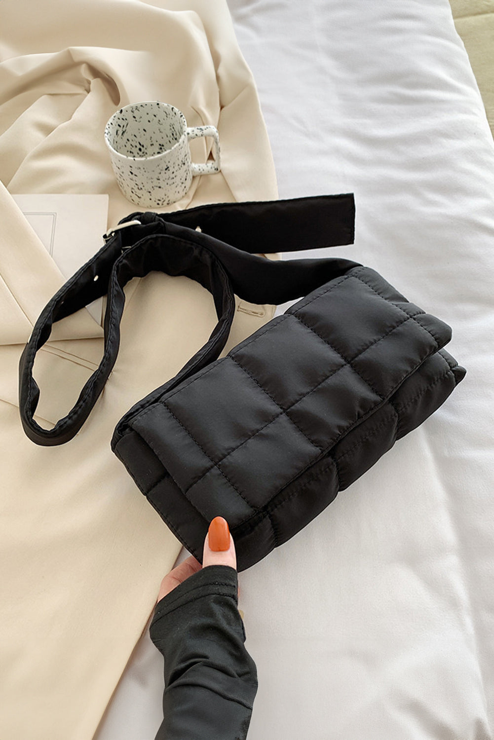 Black Solid Color Quilted Adjustable Strap Shoulder Bag