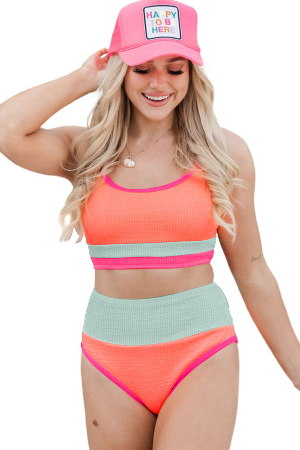 Orange Color Block Textured High Waist Sexy Bikini Set