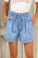 Beau Blue Casual Chambray Drawstring Denim Shorts