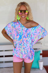 Pastel Blue Abstract Floral Print Short Sleeve V Neck T Shirt