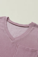 Valerian Ribbed V Neck Pocket Drop Sleeve T-Shirt