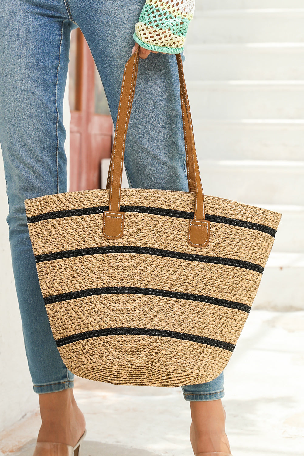 Black Vacation Straw Woven Striped One Shoulder Bag