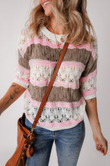 Brown Stripe Color Block Hollow Crochet Sweater