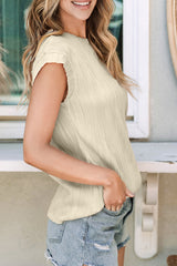 Apricot Wavy Textured Cap Sleeve Round Neck Blouse