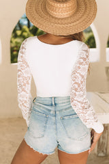 White Lace Sleeves Square Neck Bodysuit