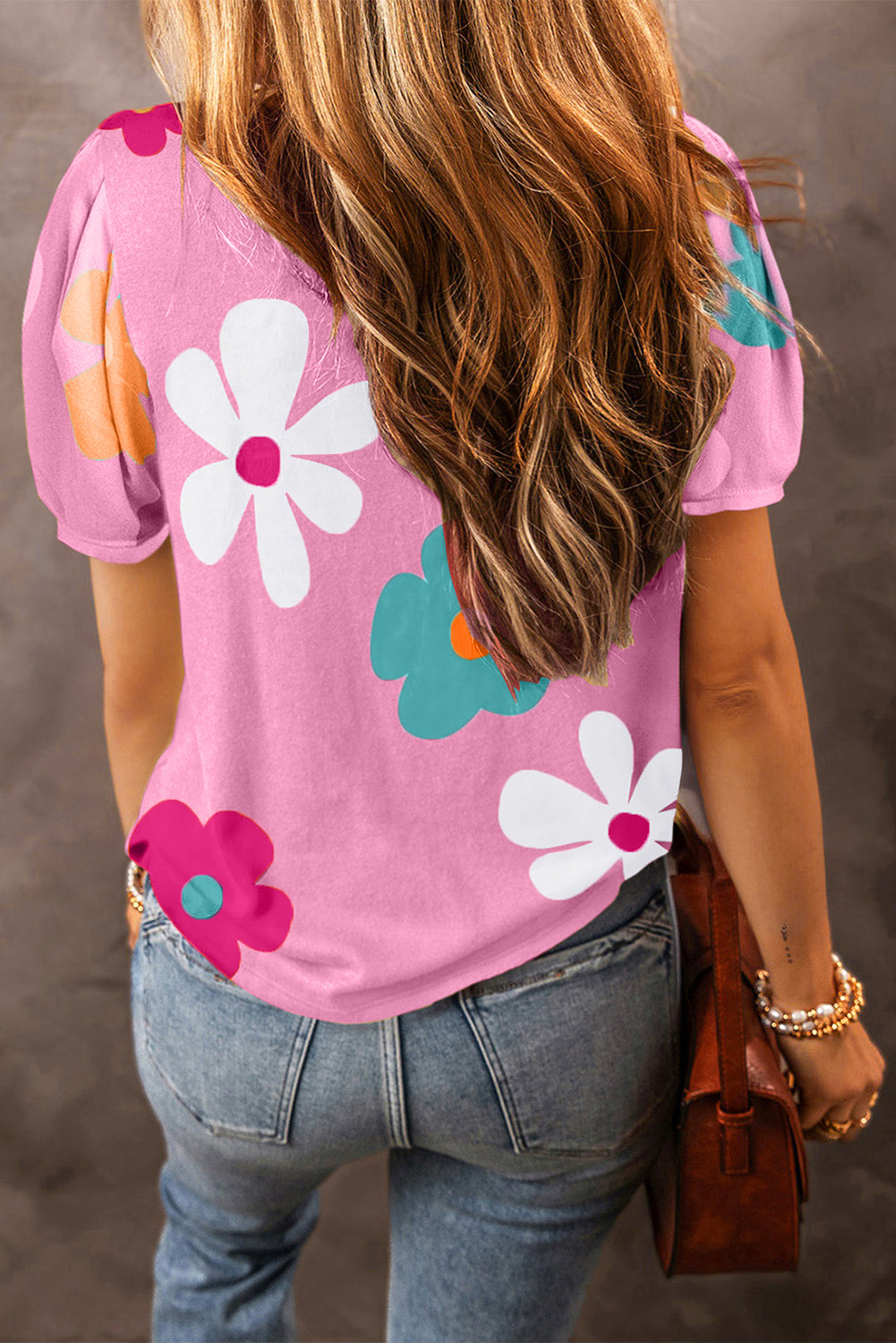 Pink Colorful Flower Print Bubble Sleeve Tee