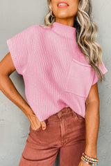 Wholesale Pink Patch Pocket Ribbed Knit Short Sleeve Sweater