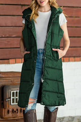 Green Hooded Pocketed Quilted Long Vest Coat